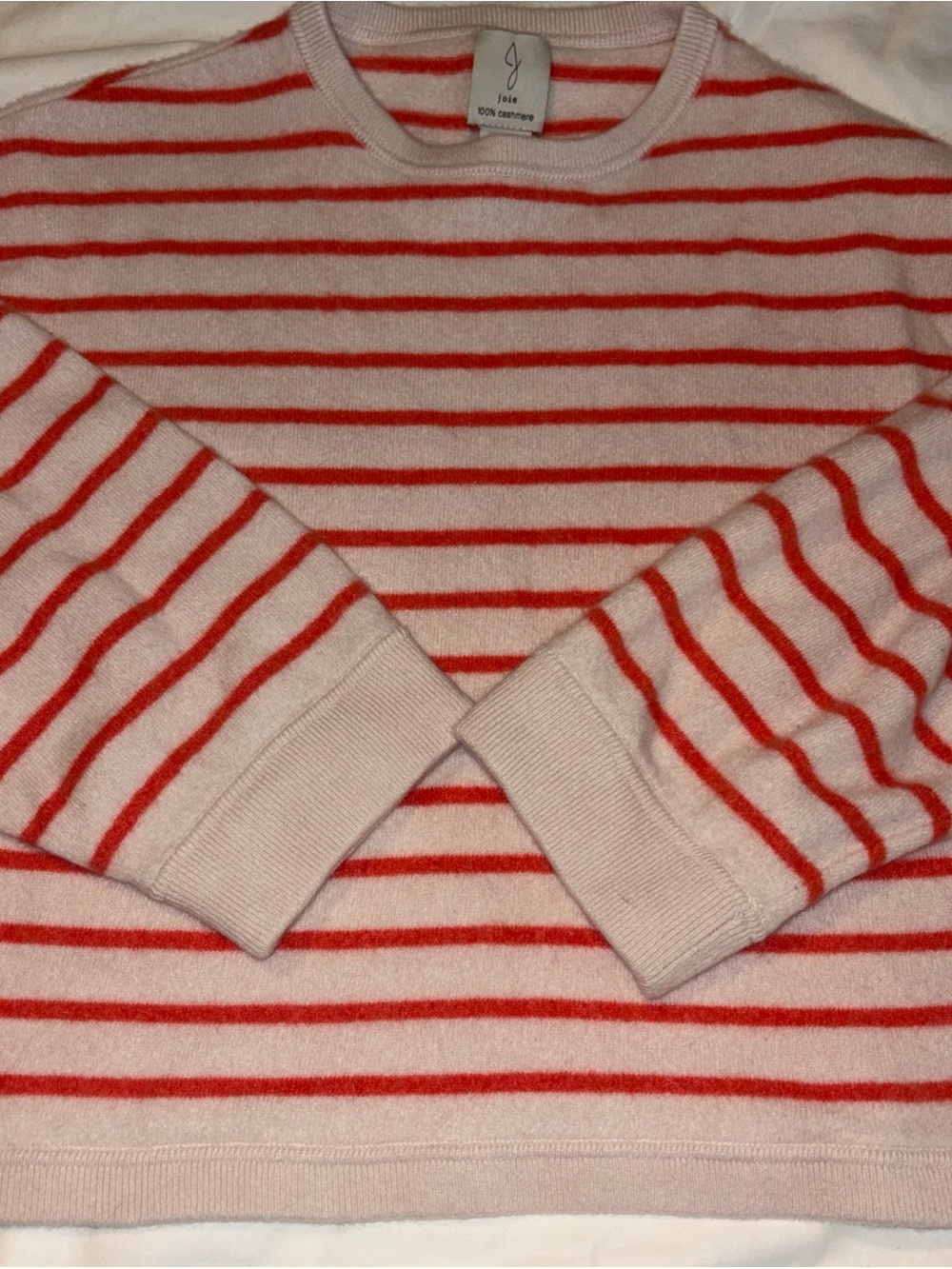 Joie 100% Cashmere cream and coral Striped Cropped Crewneck sweater